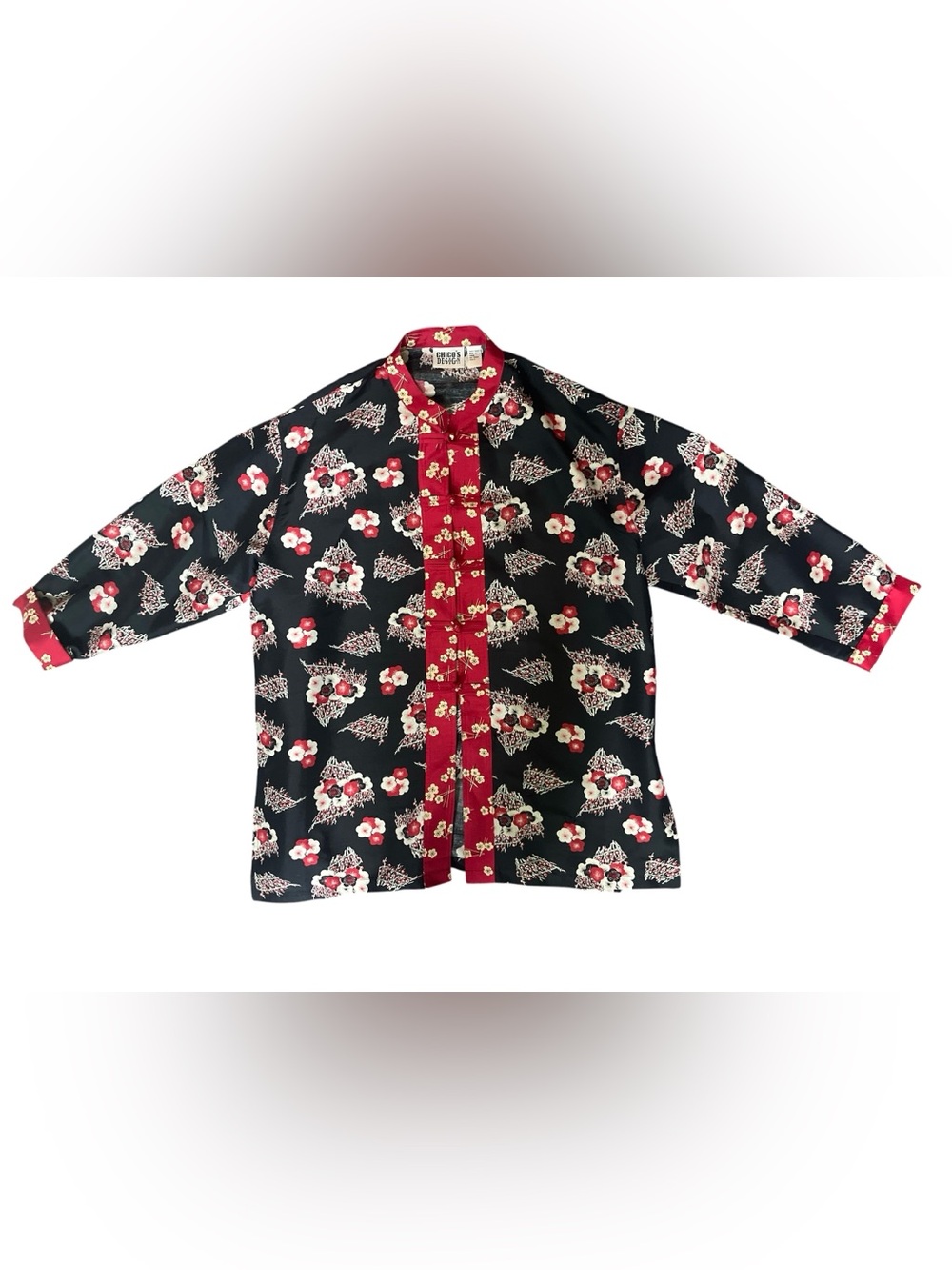 Vintage Chico’s 100% Silk Oriental Inspired Tunic Size 3X Floral Mandarin Collar